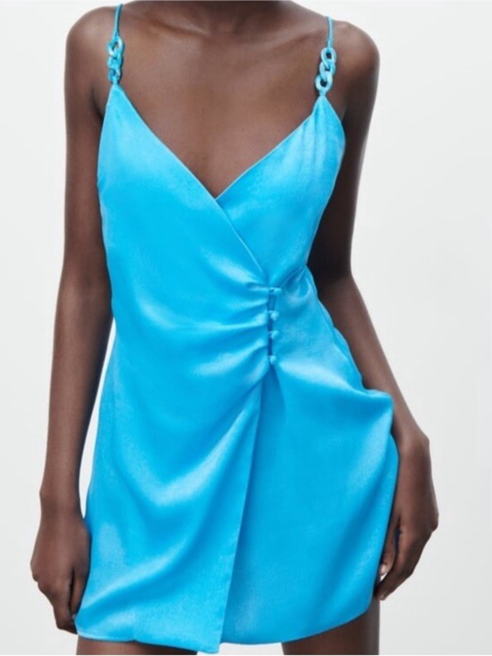 Zara Turquoise Satin Mini Dress with Chain Straps Size S